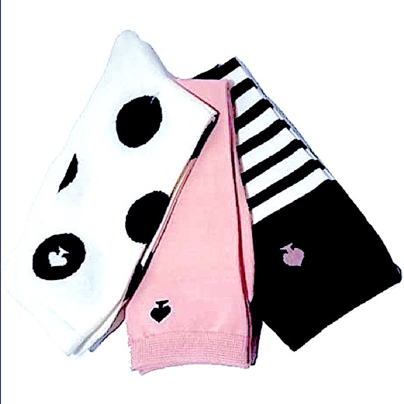 NEW KATE SPADE 3Pr Pink, Black & White Stripe & Polkadot Crew Socks - Picture 2 of 10